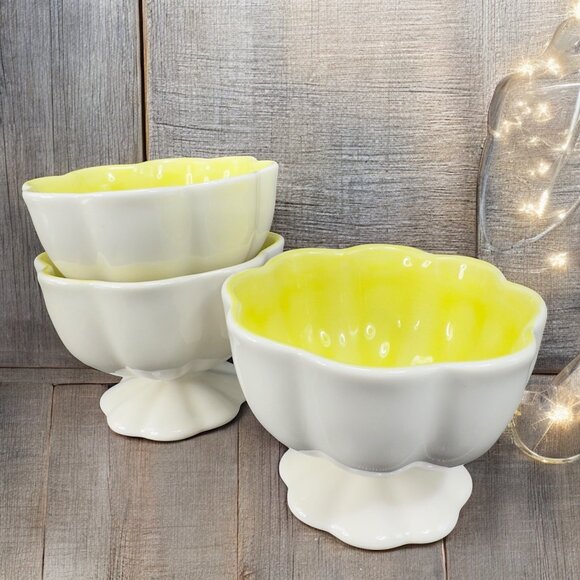 Anthropologie Footed Dessert Cups Bowls Set 3 Yellow White Crystalline Center - Picture 1 of 11